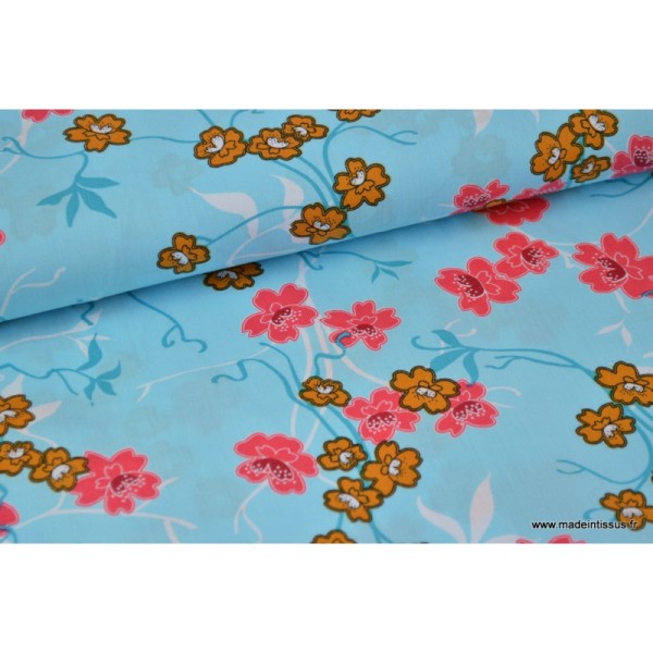 Tissu Popeline coton fleurs japonaise turquoise - Photo n°1