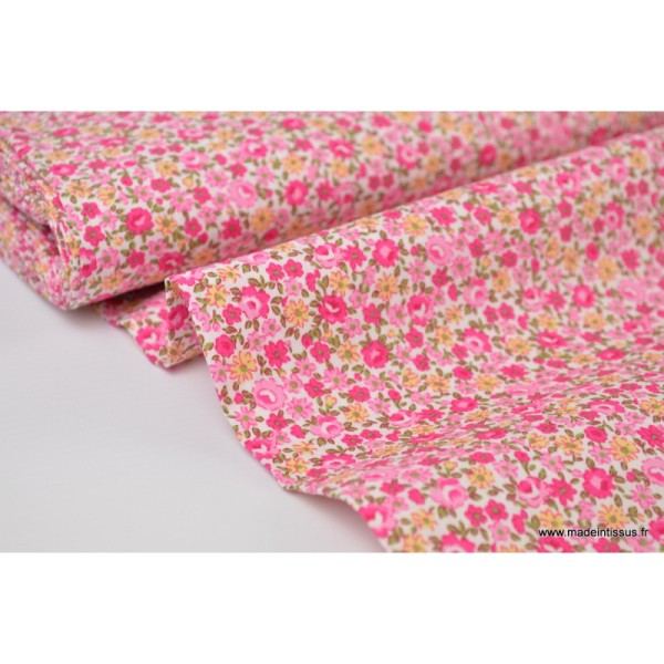 Tissu Popeline coton imprimé fleurs roses et Fuchsia .x1m - Photo n°2