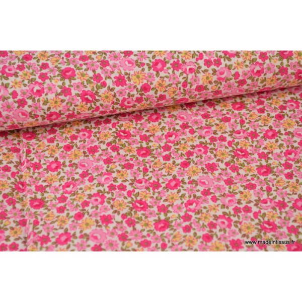 Tissu Popeline coton imprimé fleurs roses et Fuchsia .x1m - Photo n°1