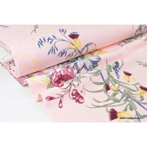 Tissu fluide Coton Lin Viscose imprimé grosses fleurs fond rose - Photo n°1