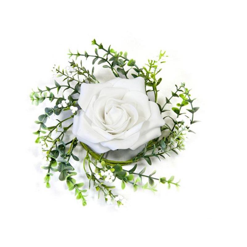 Centre de table rose blanche et feuillage 18 cm - Déco table fleur - Creavea