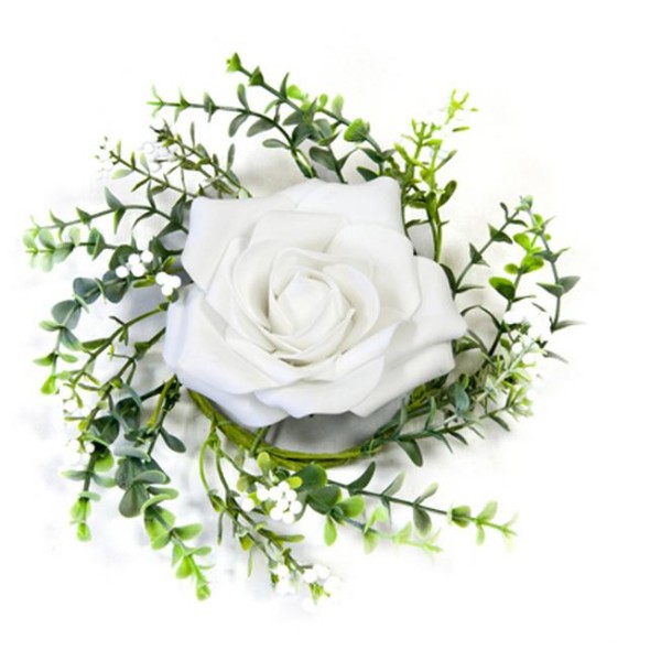 Centre de table rose blanche et feuillage 18 cm - Photo n°1
