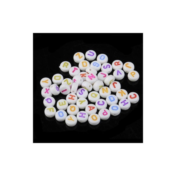 Lot de 50 Perles Blanche Ecriture Multicouleur Acrylique Lettre Alphabet Ronde 7mm - Photo n°4