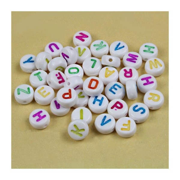 Lot de 200 Perles Blanche Ecriture Multicouleur Acrylique Lettre Alphabet Ronde 7mm - Photo n°1