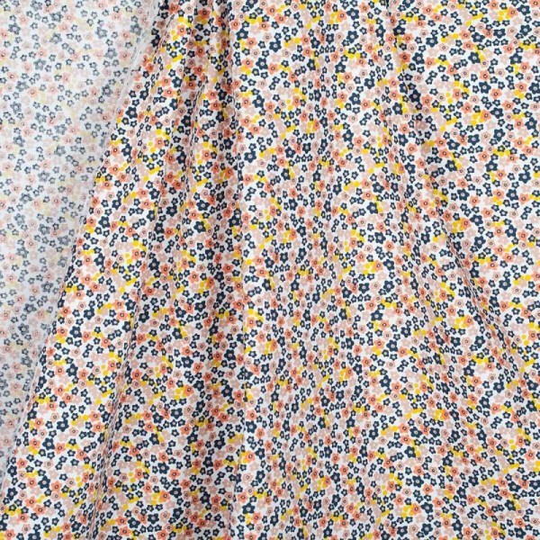 Tissu popeline coton fleuris - Orange, moutarde, rose & bleu navy - Photo n°3