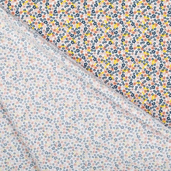 Tissu popeline coton fleuris - Orange, moutarde, rose & bleu navy - Photo n°4