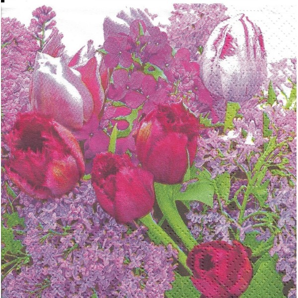4 Serviettes en papier Lilas et Tulipes Fleurs Format Cocktail Decoupage Decopatch 6245 PPD - Photo n°2