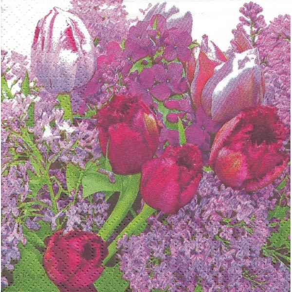 4 Serviettes en papier Lilas et Tulipes Fleurs Format Cocktail Decoupage Decopatch 6245 PPD - Photo n°1
