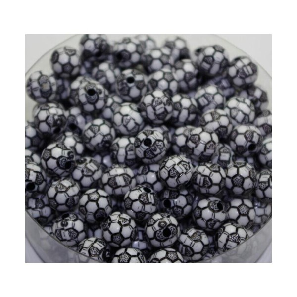 10 Perles Noir 10mm acrylique Ballon de foot, Creation bijoux - Photo n°1