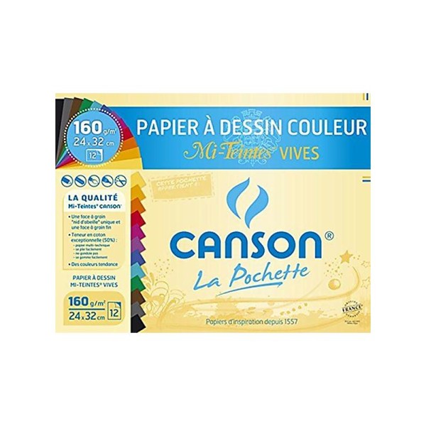 Canson - 526016 - Pochette de 12 feuilles papier dessin - 160 g - 24 x 32 cm - Assortis vifs - Photo n°1