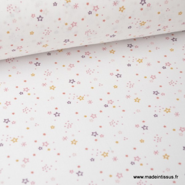 Tissu coton oeko tex imprimé petites étoiles mauves fond blanc - Photo n°1