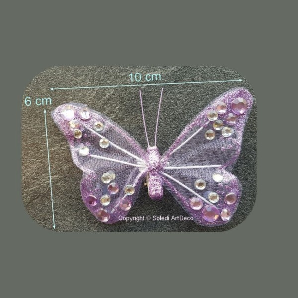 Papillon en Organza pailleté Lilas de 10 cm, avec cabochons cristal et mauve, Corps pailleté, sur pi - Photo n°2