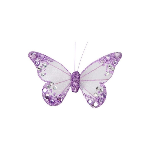 Papillon en Organza pailleté Lilas de 10 cm, avec cabochons cristal et mauve, Corps pailleté, sur pi - Photo n°1