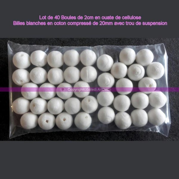 Lot de 40 Boules de 2cm en ouate de cellulose, Billes blanches en coton compressé de 20mm avec trou - Photo n°1