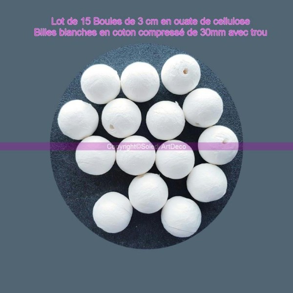 Lot de 15 Boules de 3 cm en ouate de cellulose, Billes blanches en coton compressé de 30mm avec trou - Photo n°1