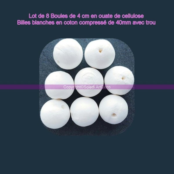 Lot de 8 Boules de 4 cm en ouate de cellulose, Billes blanches en coton compressé de 40mm avec trou - Photo n°1