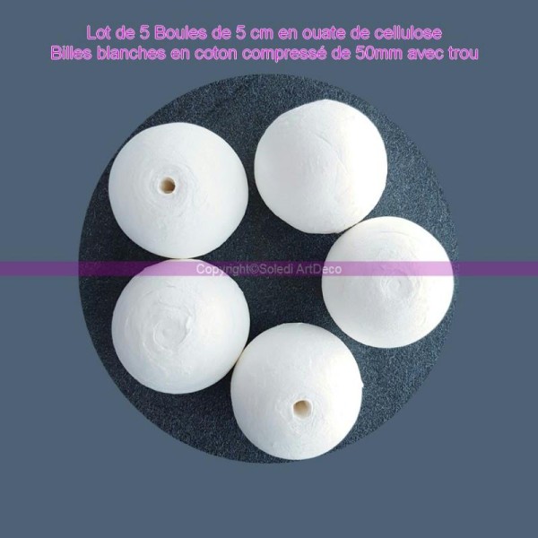 Lot de 5 Boules de 5 cm en ouate de cellulose, Billes blanches en coton compressé de 50mm avec trou - Photo n°1