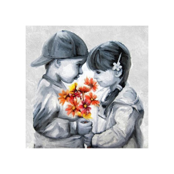 Broderie Diamant Kit - Enfants avec bouquet - 30 x 30 cm - Photo n°1
