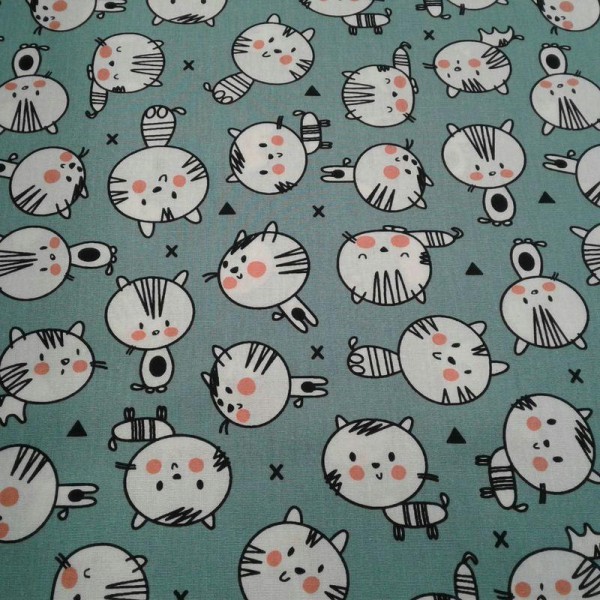 Tissu coton vert chat blanc - Photo n°1