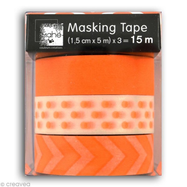 Masking tape Mahé - Orange fluo - 3 rouleaux de 15 mm x 5 m - Photo n°2