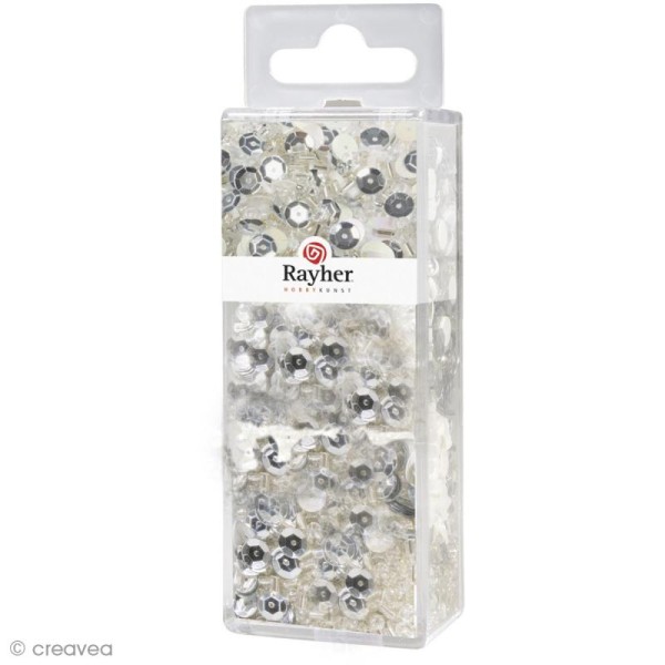 Assortiment de perles en verre et paillettes Argent + fil x 80 gr - Photo n°1