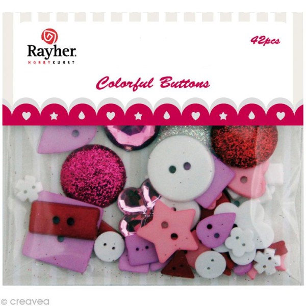 Assortiment de boutons Rayher - Mélange rose / blanc / rouge x 42 - Photo n°1