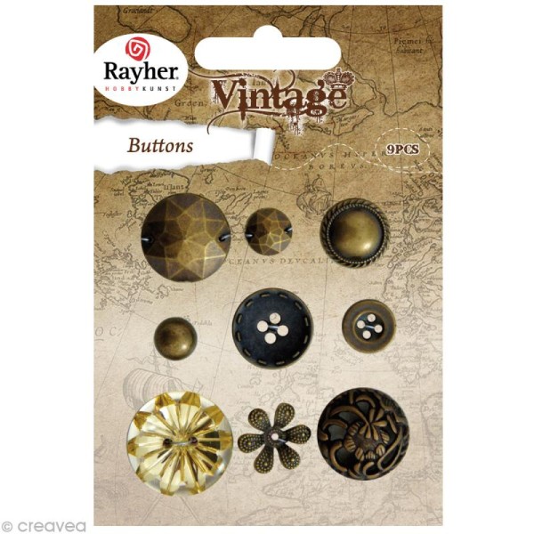 Assortiment de boutons Rayher - Vintage or x 9 - Photo n°1