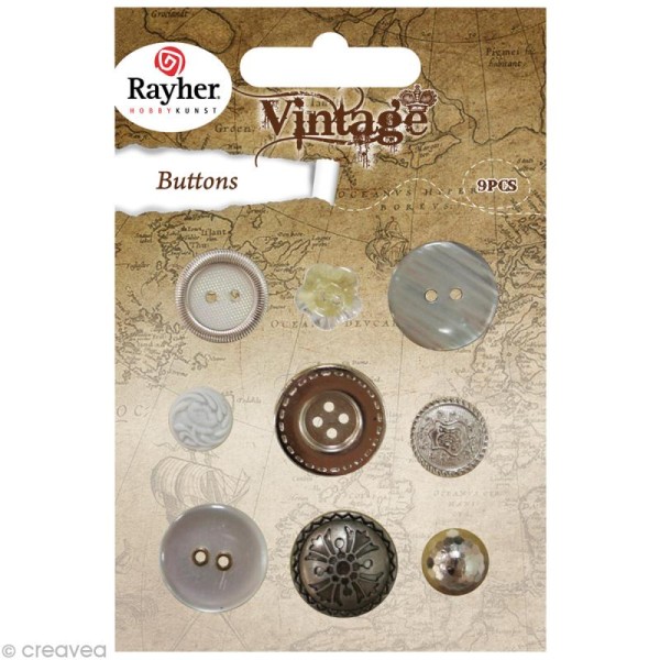 Assortiment de boutons Rayher - Vintage argent x 9 - Photo n°1