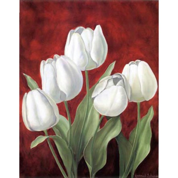 Image 3D Fleur - 5 tulipes blanches sur rouge 40 x 50 cm - Photo n°1