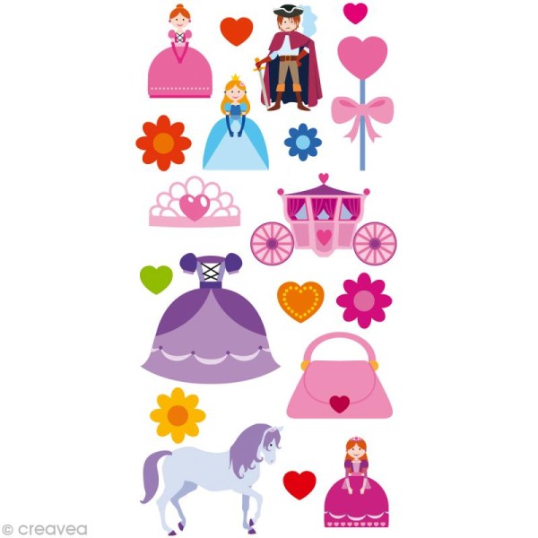 Stickers Puffies 13,5 x 8,5 cm - Princesses et carrosse x 19 autocollants - Photo n°1