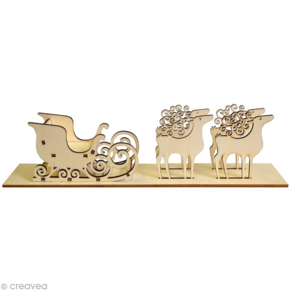Traineau et 4 rennes en bois à décorer 2,5 cm - Photo n°1
