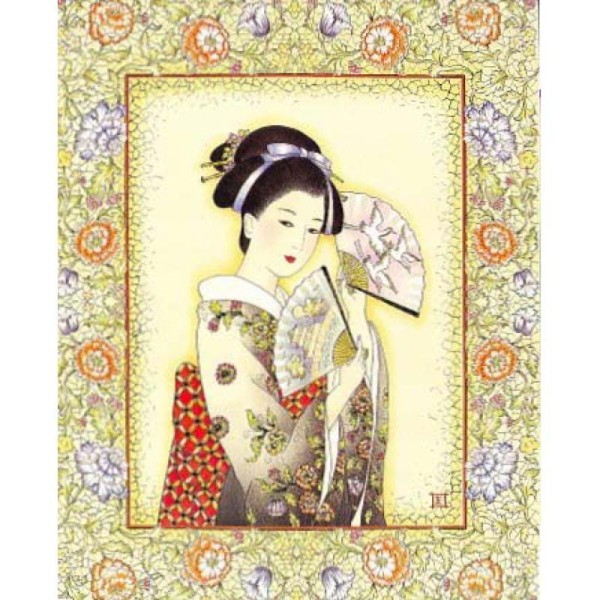 Image 3D Femme - Tableau chinoise avec éventail 24 x 30 cm - Photo n°1
