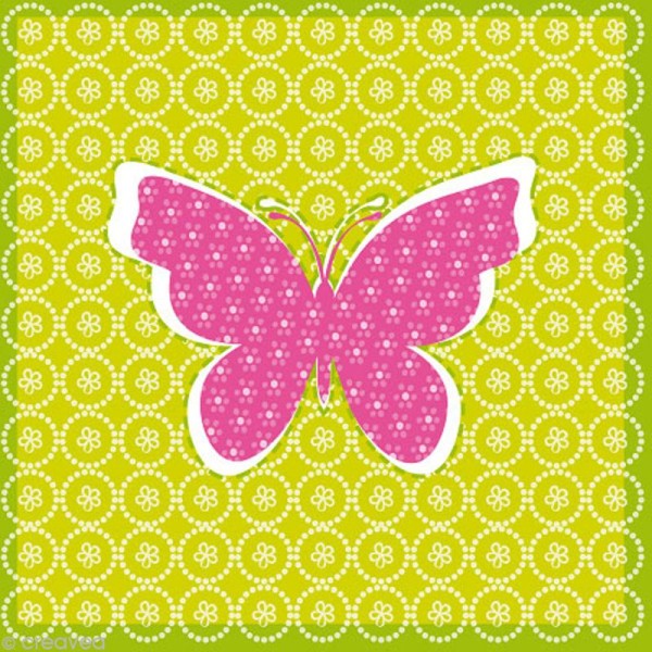 Serviette en papier Animaux - Papillon rose sur fond vert - 20 pcs - Photo n°1