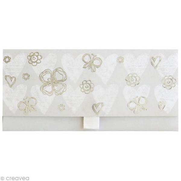 Enveloppe cadeau Mariage - Coeurs ivoires (fleurs argentées) - 23x11 cm - Photo n°1