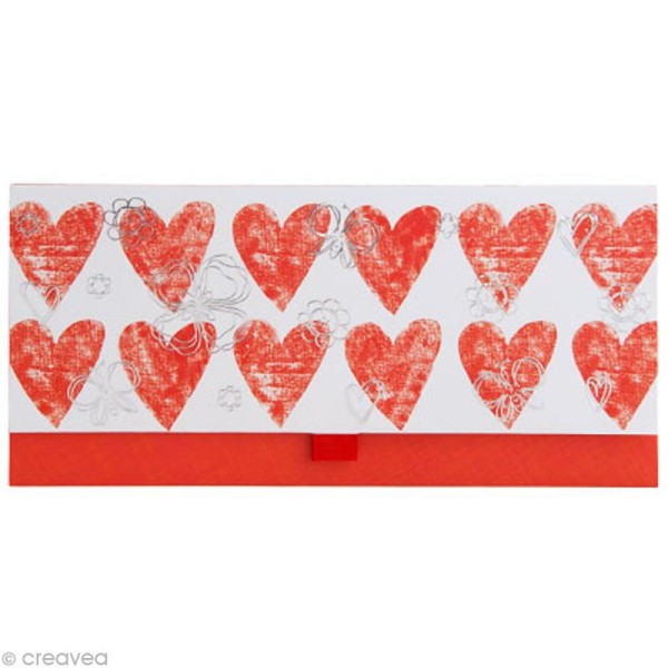 Enveloppe cadeau Mariage - Coeurs rouges, fleurs argentées - 23x11 cm - Photo n°1