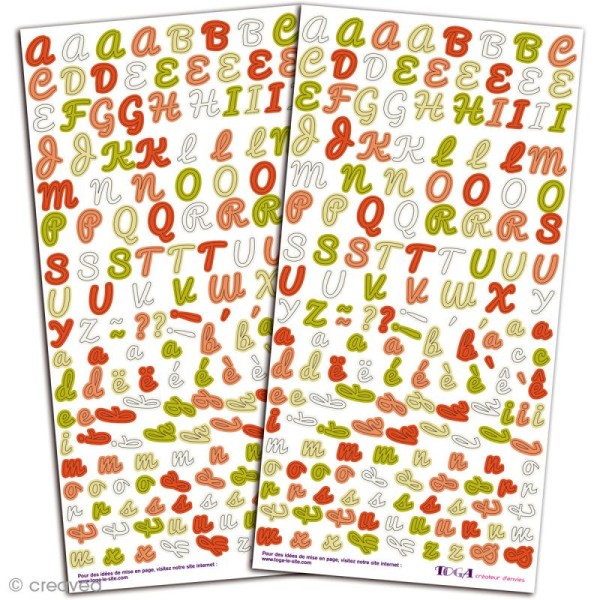 Stickers Alphabet Toga - Anis Crème Pêche - 2 x 166 autocollants - Photo n°1