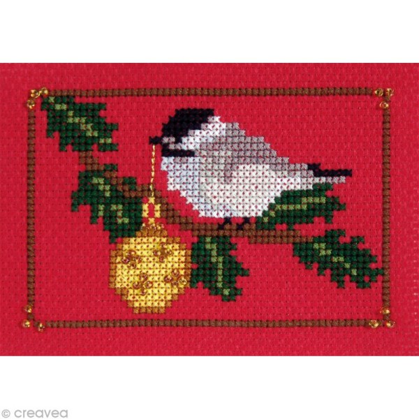 Kit point de croix - Noël - Carte de voeux Sapin et Oiseau - Photo n°1