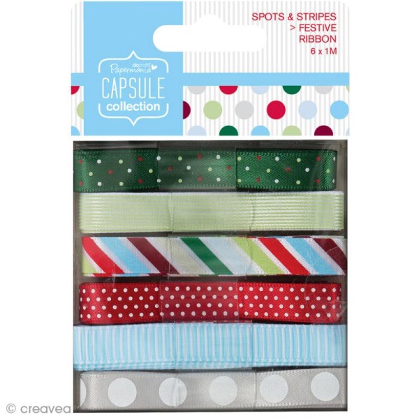 Ruban scrapbooking Capsule collection - Points & rayures Festive - 6 x 1 m - Photo n°1