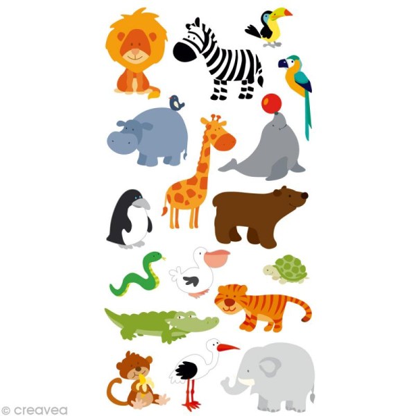 Stickers Puffies 13,5 x 8 cm - Animaux du zoo x 17 autocollants - Photo n°1