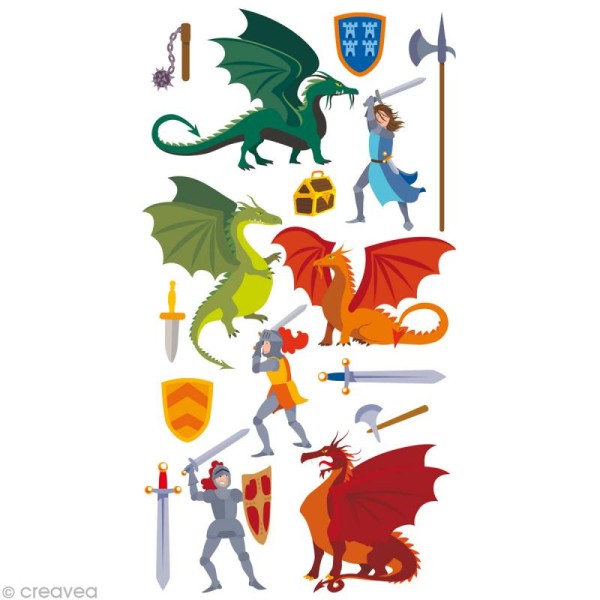 Stickers Puffies 13,5 x 8 cm - Dragons et chevaliers x 16 autocollants - Photo n°1