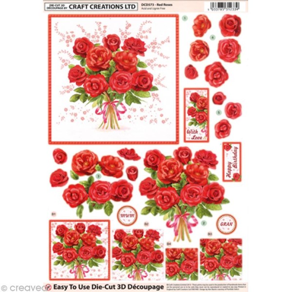 Carte 3D pré-découpée - Bouquet de roses - 21 x 29,7 cm - Photo n°1
