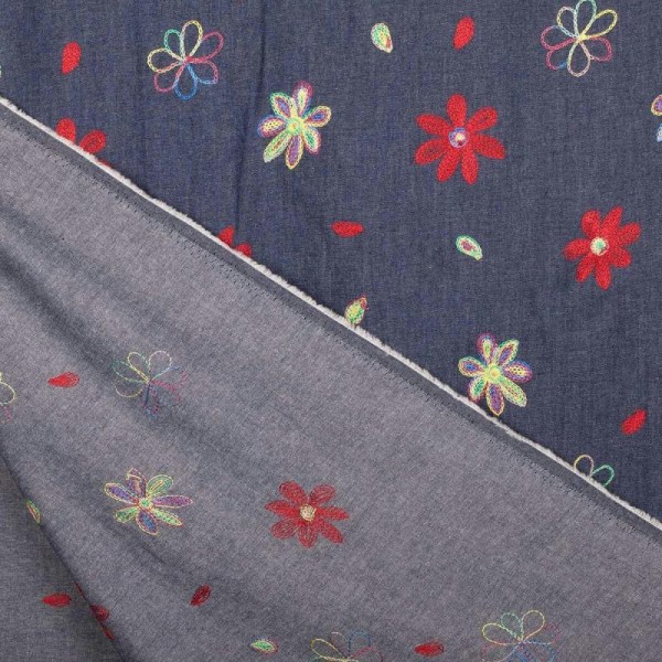 Tissu chambray brodé fleuri hippy - Bleu & multicolore - Photo n°4