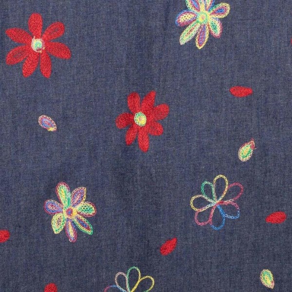 Tissu chambray brodé fleuri hippy - Bleu & multicolore - Photo n°1