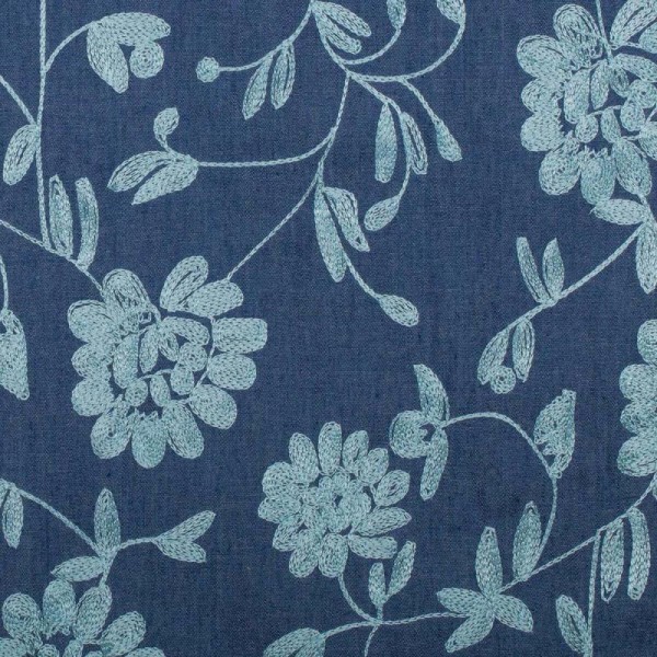 Tissu chambray brodé fleuri - Bleu & bleu ciel - Photo n°1
