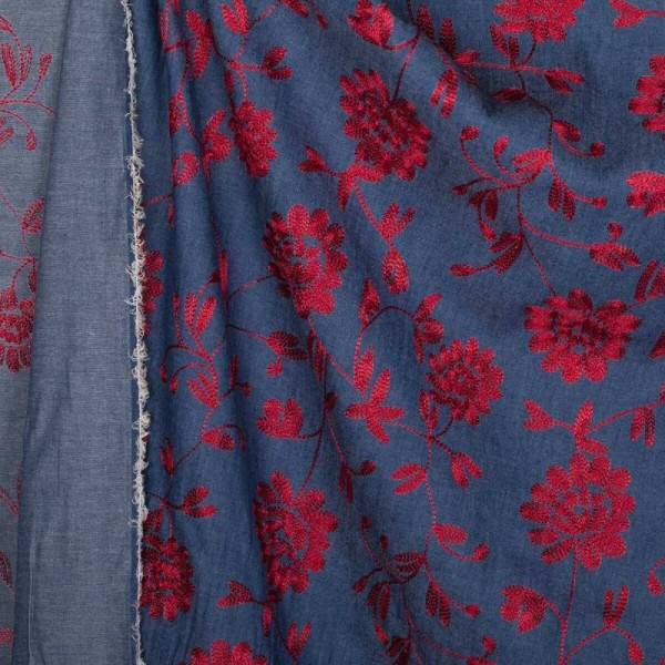Tissu chambray brodé fleuri - Bleu & rouge - Photo n°3