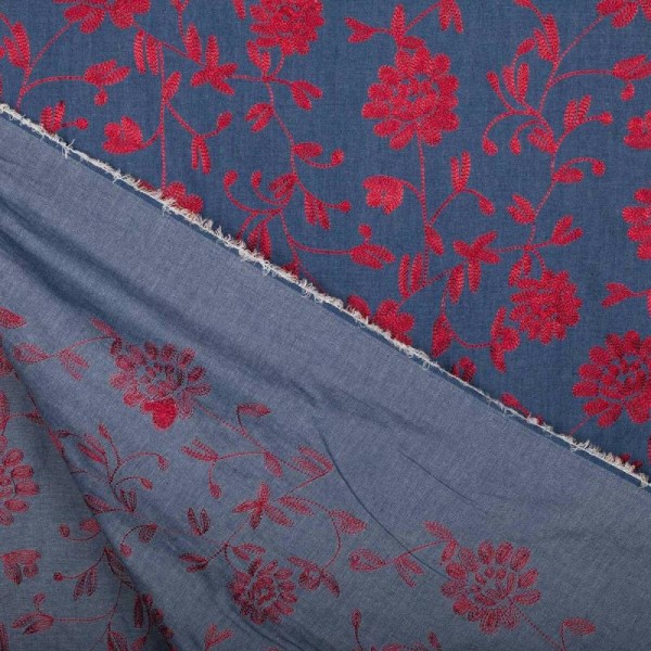 Tissu chambray brodé fleuri - Bleu & rouge - Photo n°4
