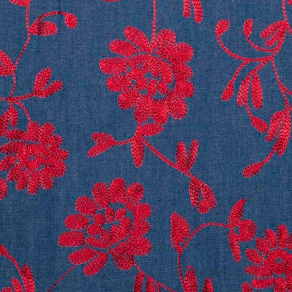 Tissu chambray brodé fleuri - Bleu & rouge - Photo n°1