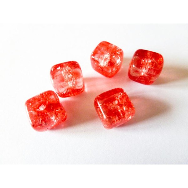 5 Perles Cubes 8*11Mm En Verre Craquelé Rose - Photo n°1