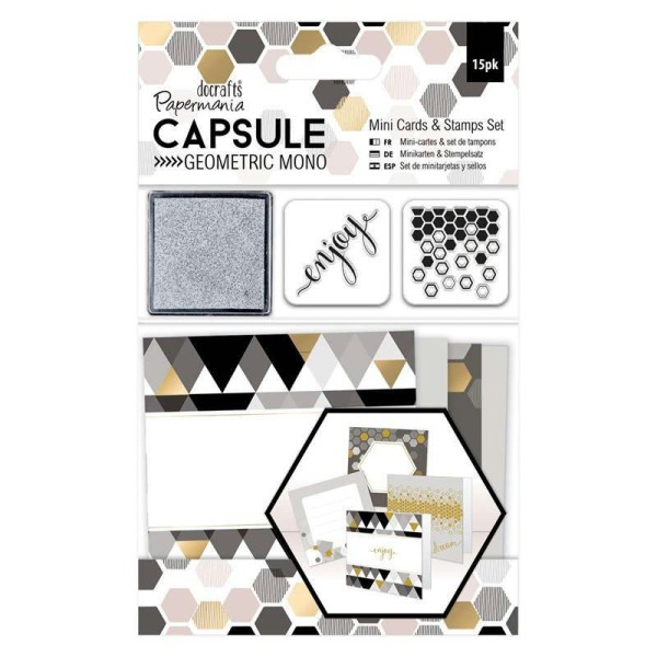 Kit Mini Cartes Et Tampons Geometric Mono - Imprimés Géométriques Noir, Gris,Blanc - Photo n°1
