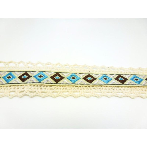 50 Cm Galon, Ruban Textile Motif Aztèque Marron/Bleu - Crocheté Écru - Larg 32Mm - Photo n°1